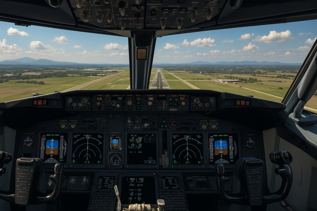 Cockpit view from a commercial airplane