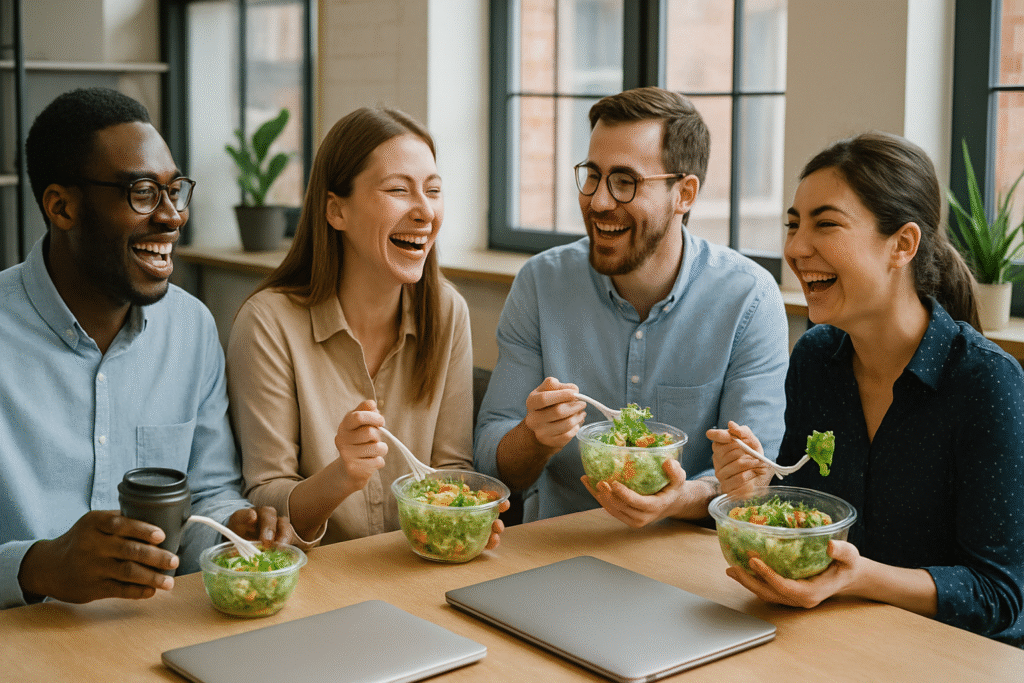 Office team having a light moment during lunch