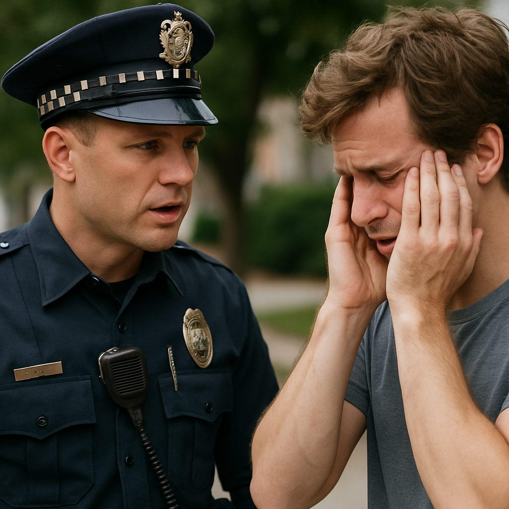Police officer in uniform talking to a distressed civilian