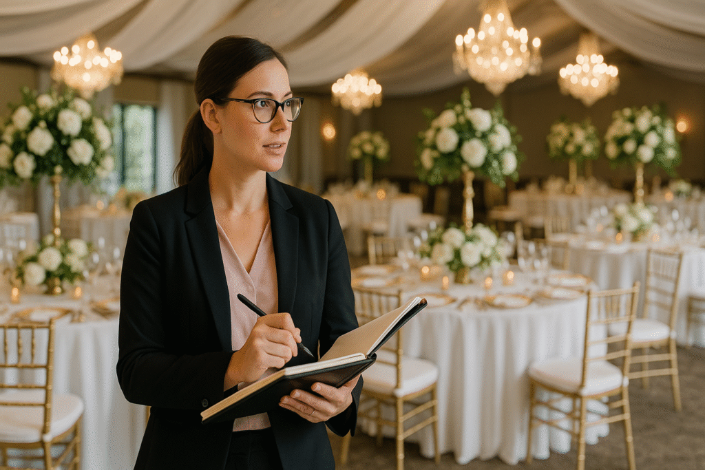 Wedding planner overseeing a large event setup